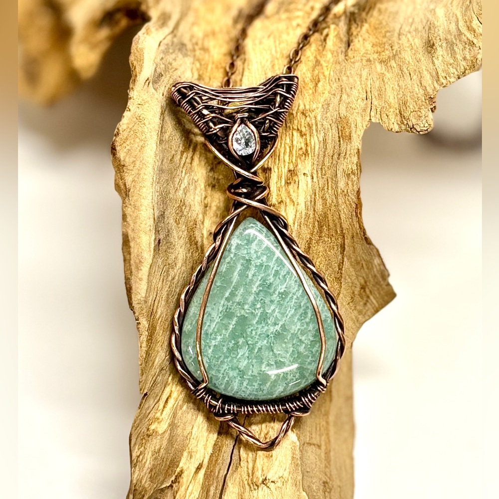 HAND CRAFTED Amazonite Wire Wrapped Copper Pendant Necklace, Handmade Jewelry